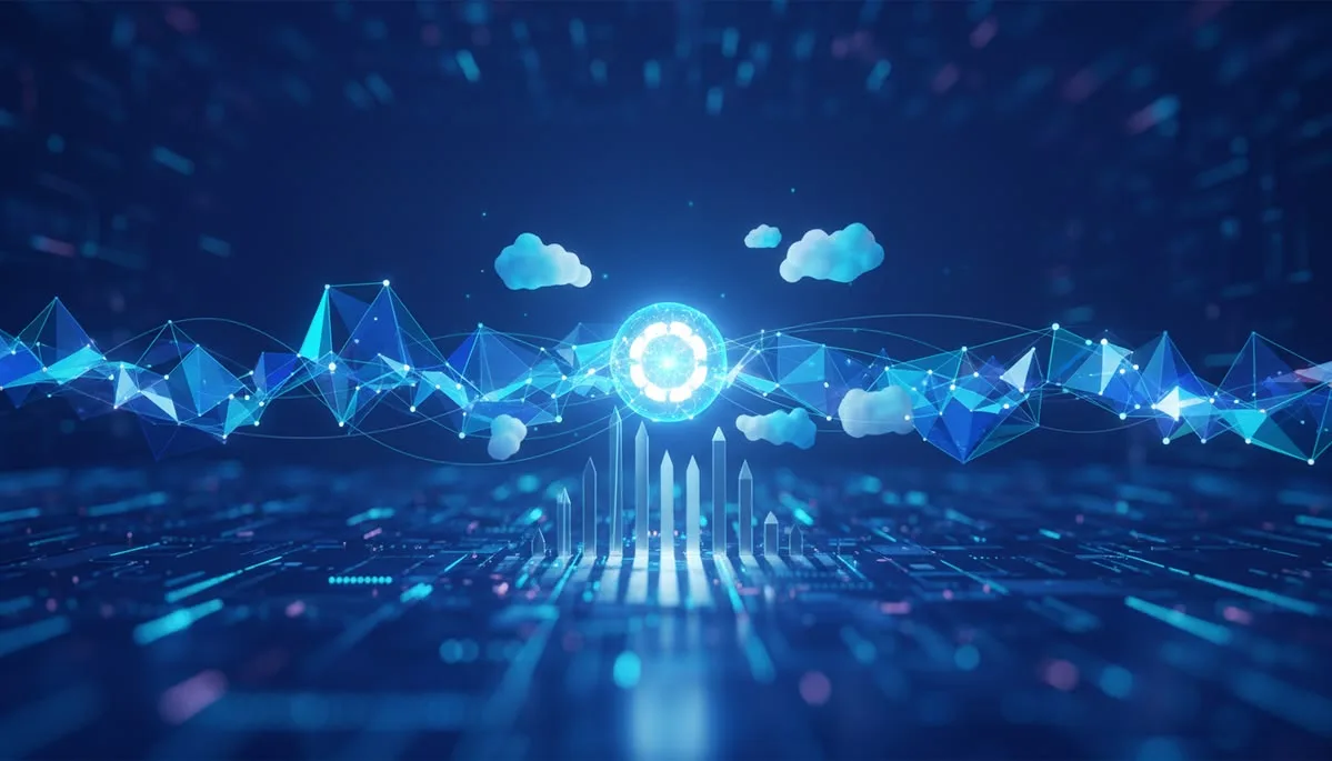 Glowing network of connected nodes and cloud icons over a digital circuit landscape, representing secure business networking
